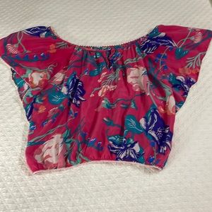 Anthropologie Yumi Kim bright pink blue floral flowy tunic top blouse M